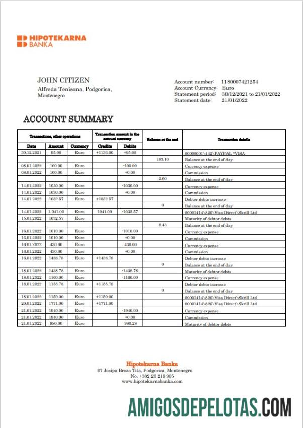 Montenegro Hipotekarna extrato bancário amostra